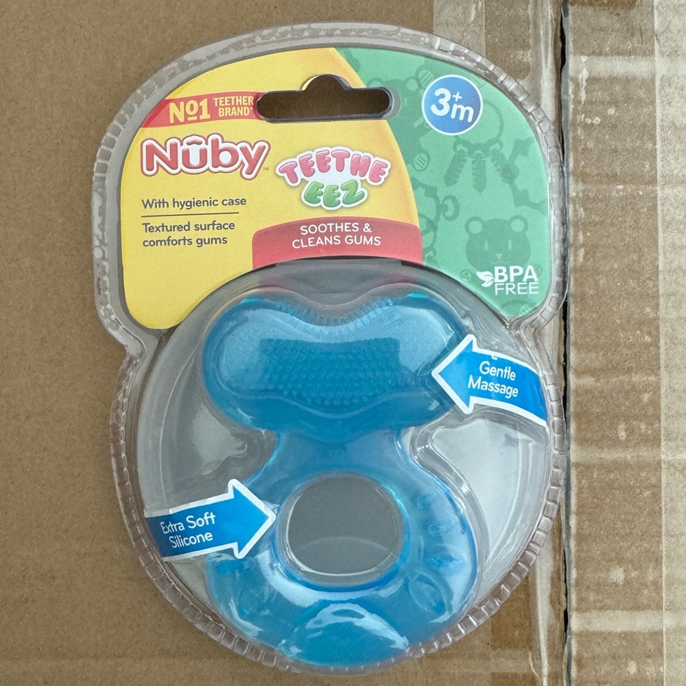 3 Nuby Silicone Teethe-EEZ Teether with Bristles, Includes Hygienic Case, Blue